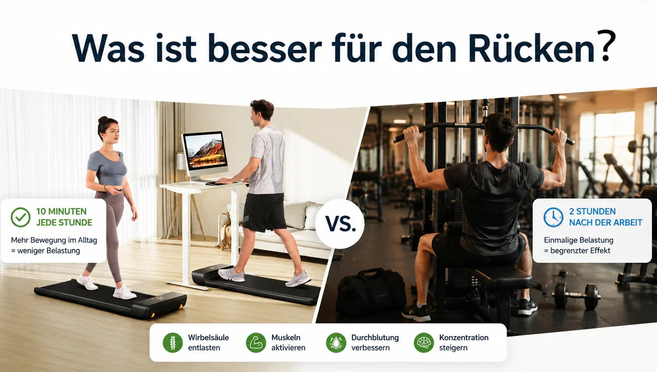 Was ist besser für den Rücken: jede Stunde 10 Minuten gehen oder 2 Stunden Sport nach der Arbeit?